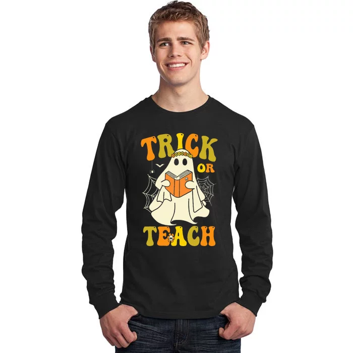 Trick Or Teach Groovy Halloween Retro Floral Ghost Teacher Tall Long Sleeve T-Shirt