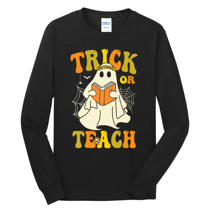 Trick Or Teach Groovy Halloween Retro Floral Ghost Teacher Tall Long Sleeve T-Shirt