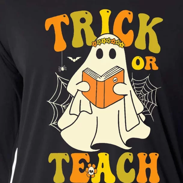 Trick Or Teach Groovy Halloween Retro Floral Ghost Teacher Cooling Performance Long Sleeve Crew