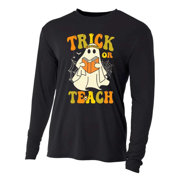 Trick Or Teach Groovy Halloween Retro Floral Ghost Teacher Cooling Performance Long Sleeve Crew