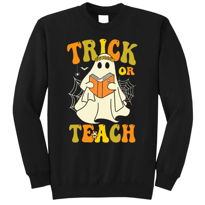 Trick Or Teach Groovy Halloween Retro Floral Ghost Teacher Tall Sweatshirt