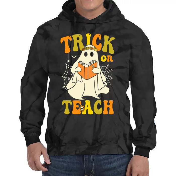 Trick Or Teach Groovy Halloween Retro Floral Ghost Teacher Tie Dye Hoodie