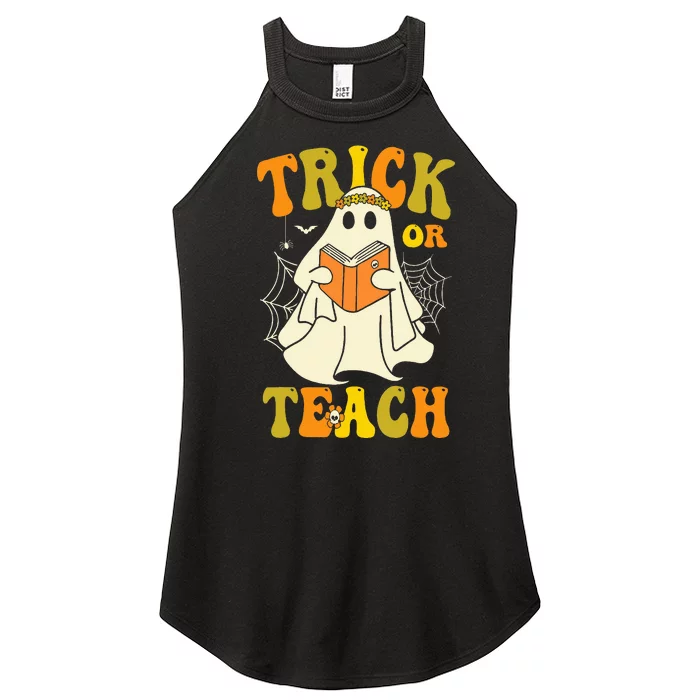 Trick Or Teach Groovy Halloween Retro Floral Ghost Teacher Women’s Perfect Tri Rocker Tank