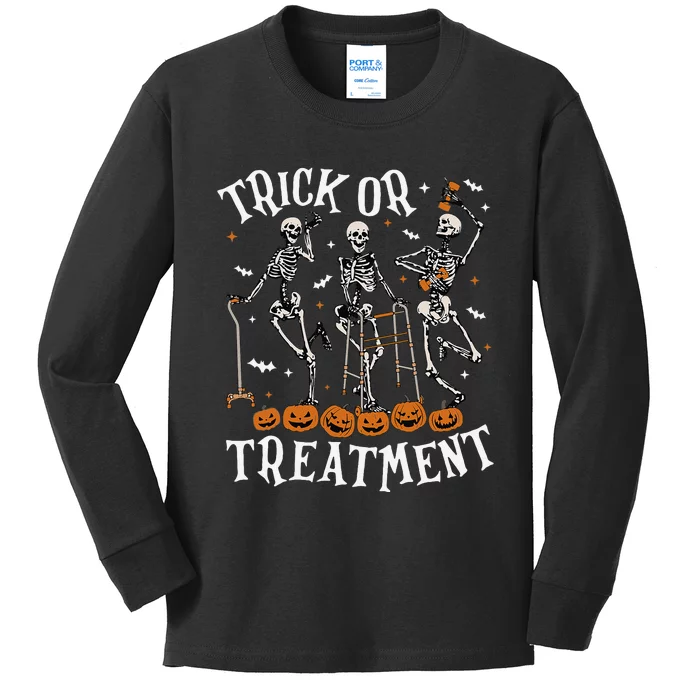 Trick Or Treatment Pta Skeleton Halloween Physical Therapist Kids Long Sleeve Shirt