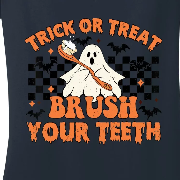 Trick Or Treat Brush Your Teeth Dental Halloween Ghosh Funny Women's V-Neck T-Shirt