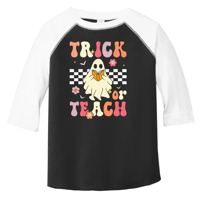 Trick Or Teach Groovy Halloween Retro Floral Ghost Teacher Toddler Fine Jersey T-Shirt