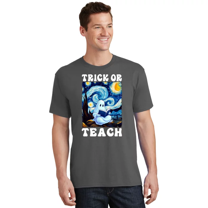 Trick Or Teach Cute Ghost Reading Book Teacher Halloween Gift T-Shirt