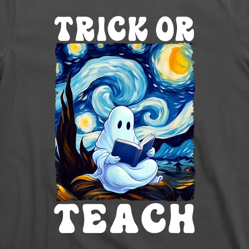 Trick Or Teach Cute Ghost Reading Book Teacher Halloween Gift T-Shirt