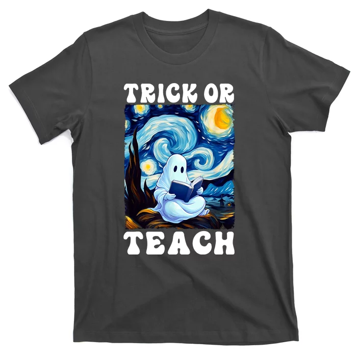 Trick Or Teach Cute Ghost Reading Book Teacher Halloween Gift T-Shirt