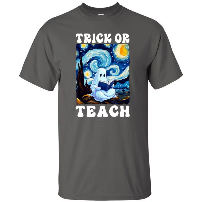 Trick Or Teach Cute Ghost Reading Book Teacher Halloween Gift Tall T-Shirt