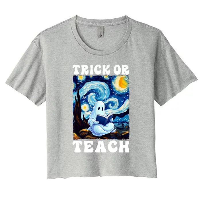 Trick Or Teach Cute Ghost Reading Book Teacher Halloween Gift Women's Crop Top Tee