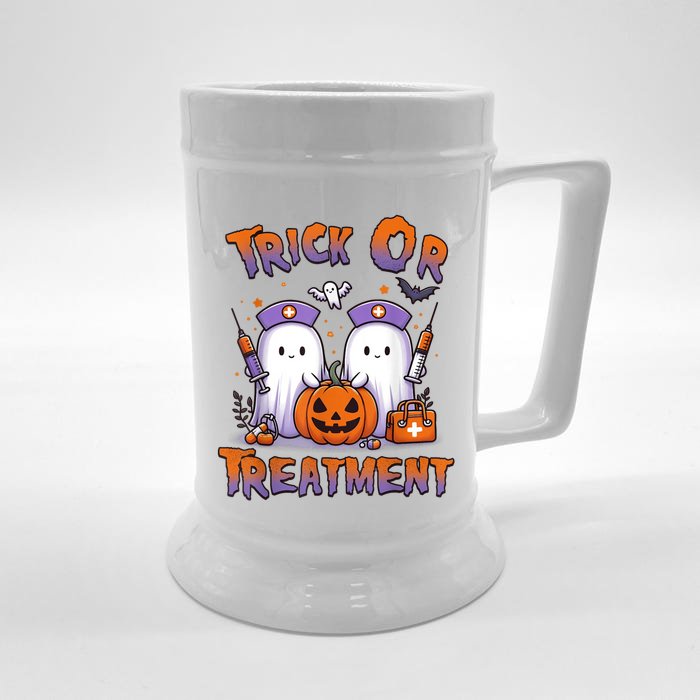 Trick Or Treatment Cute Ghost Paramedic Halloween Nurse Front & Back Beer Stein