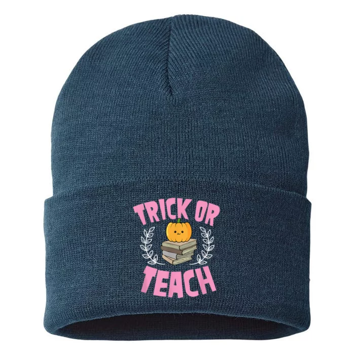 Trick Or Teach Pumpkin Funny Cute Elementary School Teacher Sustainable Knit Beanie