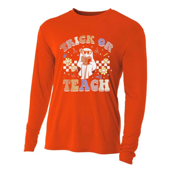 Trick or Teach Floral Groovy Halloween Teacher Retro Ghost Cooling Performance Long Sleeve Crew