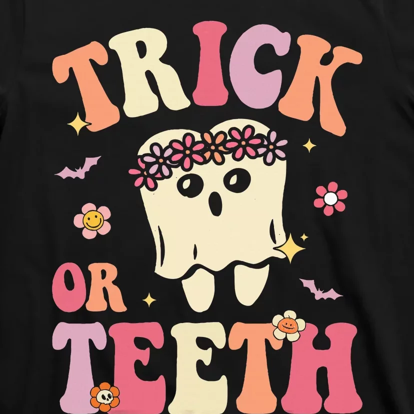 Trick Or Teeth Ghost Groovy Dental Halloween Treat Dentist T-Shirt