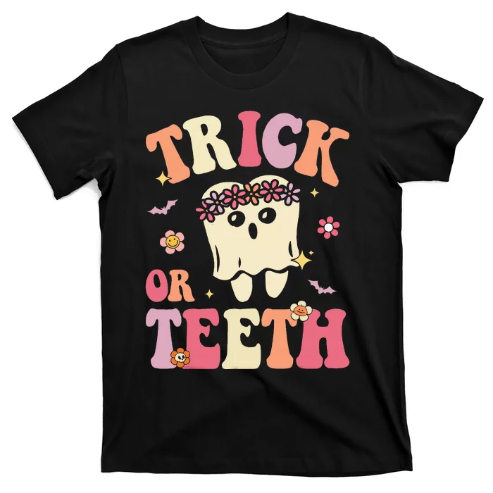 Trick Or Teeth Ghost Groovy Dental Halloween Treat Dentist T-Shirt