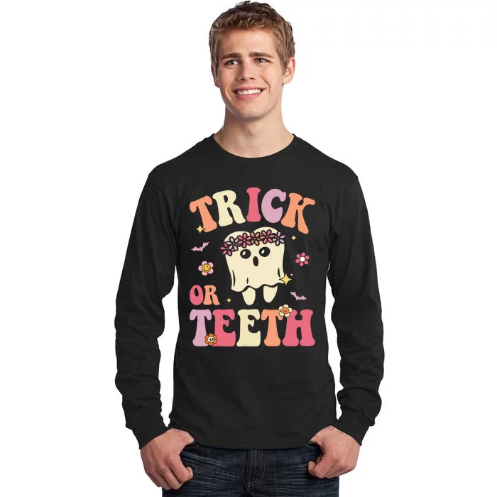 Trick Or Teeth Ghost Groovy Dental Halloween Treat Dentist Tall Long Sleeve T-Shirt