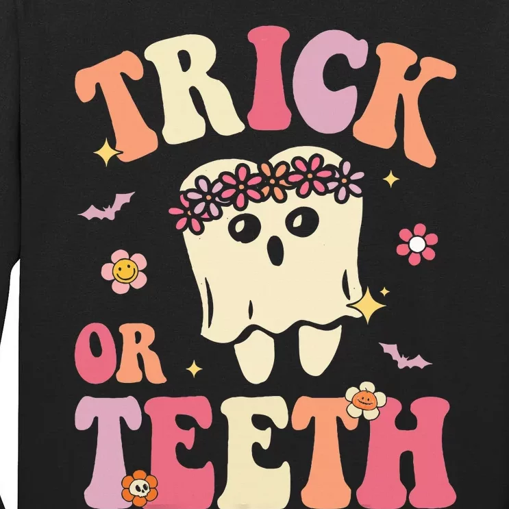 Trick Or Teeth Ghost Groovy Dental Halloween Treat Dentist Tall Long Sleeve T-Shirt