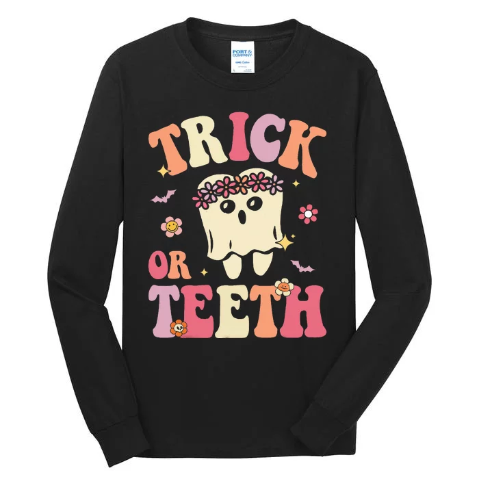 Trick Or Teeth Ghost Groovy Dental Halloween Treat Dentist Tall Long Sleeve T-Shirt