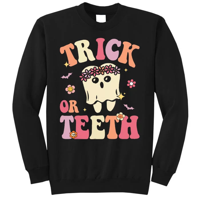 Trick Or Teeth Ghost Groovy Dental Halloween Treat Dentist Tall Sweatshirt