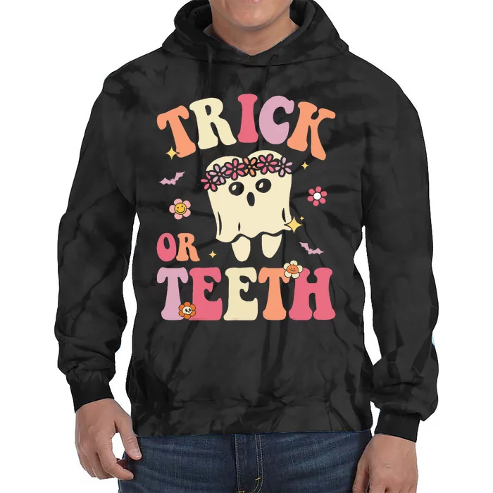 Trick Or Teeth Ghost Groovy Dental Halloween Treat Dentist Tie Dye Hoodie