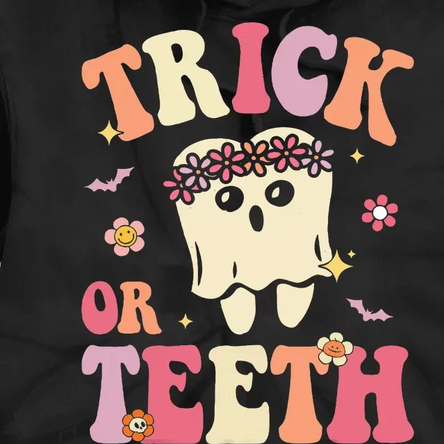 Trick Or Teeth Ghost Groovy Dental Halloween Treat Dentist Tie Dye Hoodie