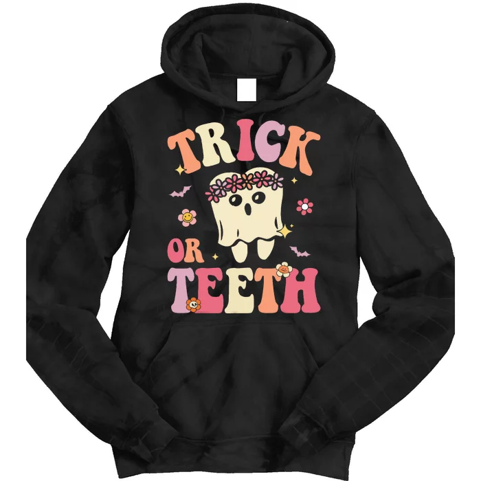 Trick Or Teeth Ghost Groovy Dental Halloween Treat Dentist Tie Dye Hoodie