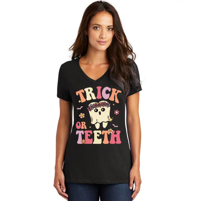 Trick Or Teeth Ghost Groovy Dental Halloween Treat Dentist Women's V-Neck T-Shirt