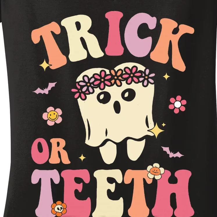 Trick Or Teeth Ghost Groovy Dental Halloween Treat Dentist Women's V-Neck T-Shirt