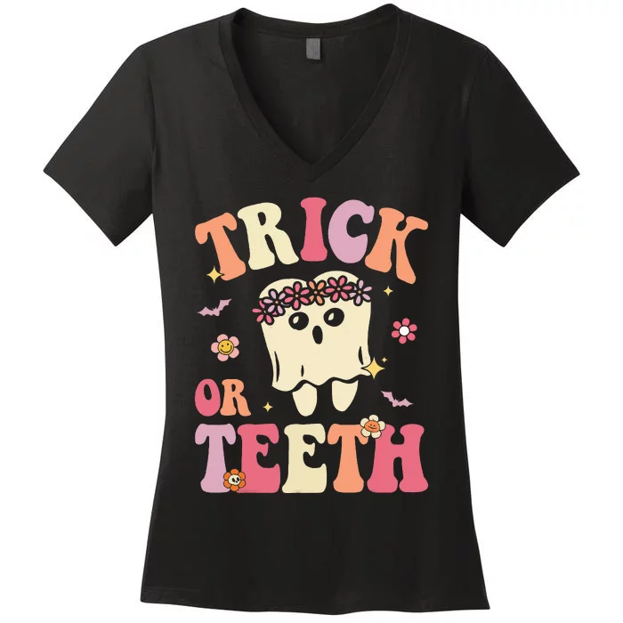 Trick Or Teeth Ghost Groovy Dental Halloween Treat Dentist Women's V-Neck T-Shirt