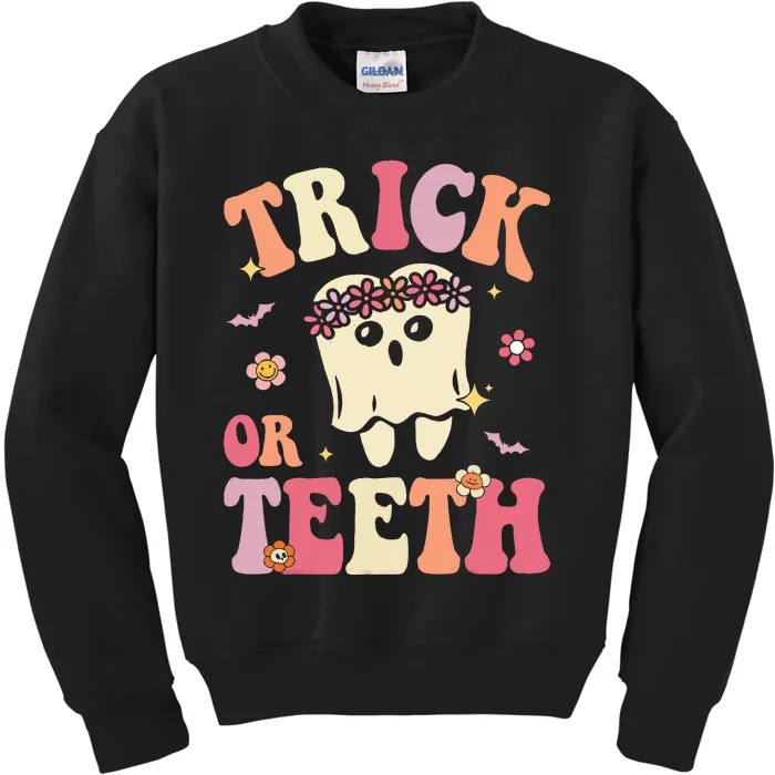 Trick Or Teeth Ghost Groovy Dental Halloween Treat Dentist Kids Sweatshirt