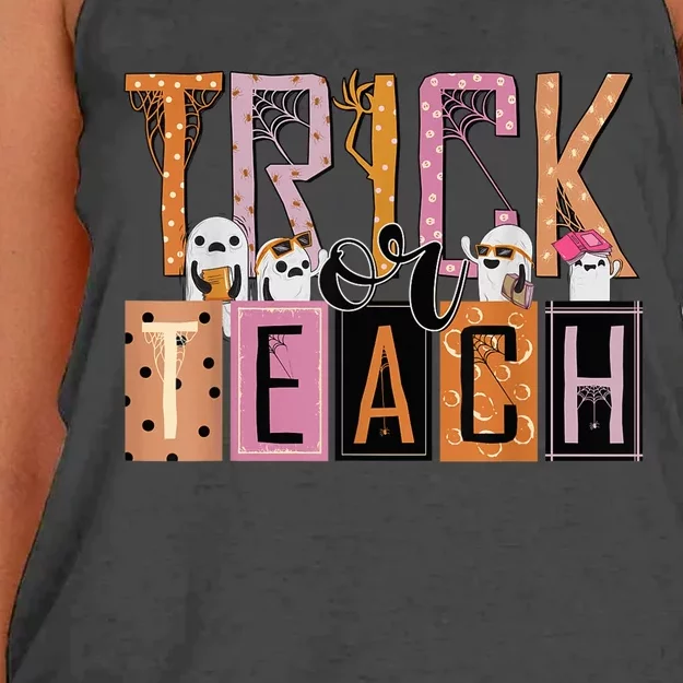 Trick or Teach Floral Groovy Halloween Teacher Retro Ghost Women's Knotted Racerback Tank