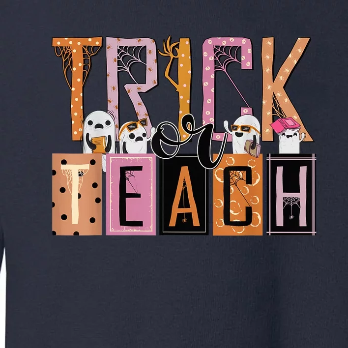 Trick or Teach Floral Groovy Halloween Teacher Retro Ghost Toddler Sweatshirt