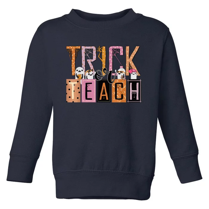 Trick or Teach Floral Groovy Halloween Teacher Retro Ghost Toddler Sweatshirt