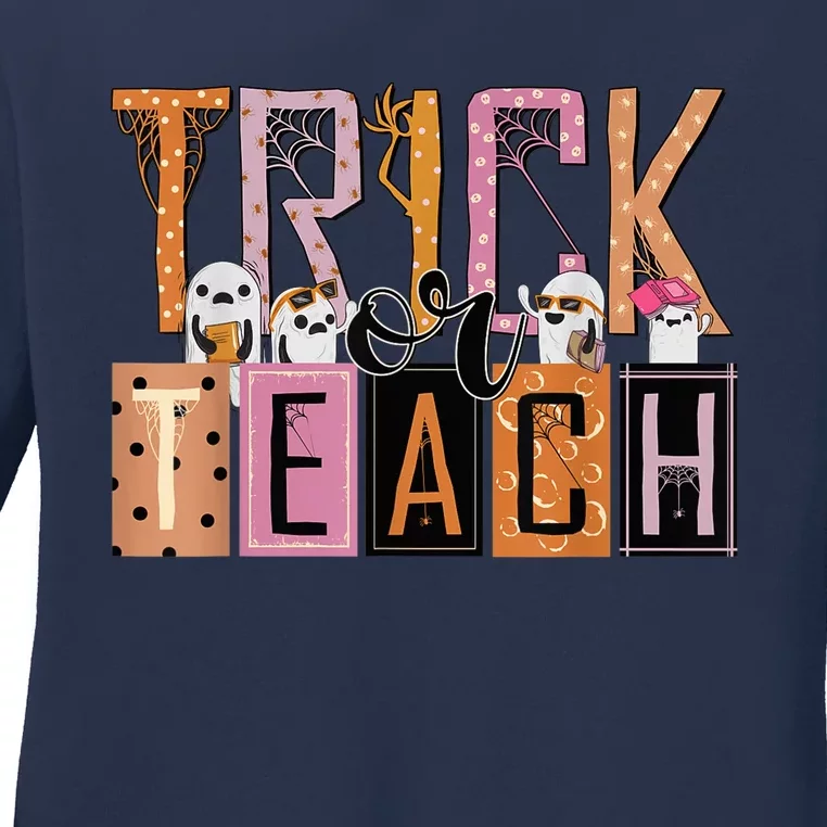 Trick or Teach Floral Groovy Halloween Teacher Retro Ghost Ladies Long Sleeve Shirt