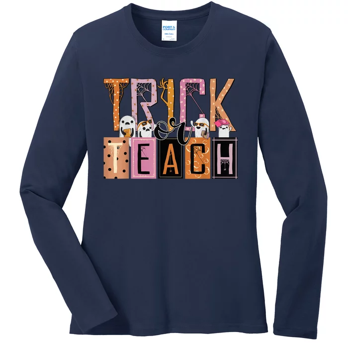 Trick or Teach Floral Groovy Halloween Teacher Retro Ghost Ladies Long Sleeve Shirt