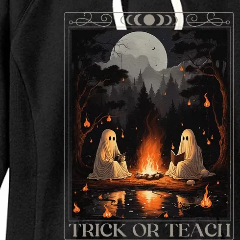 Trick Or Teach Ghost Books Reading Tarot Teachers Halloween Women's Fleece Hoodie