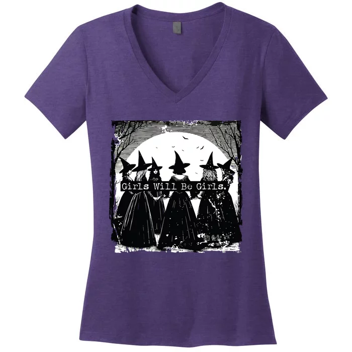 Trick Or Treat Witch Witches Girl Will Be Girl Halloween Women's V-Neck T-Shirt