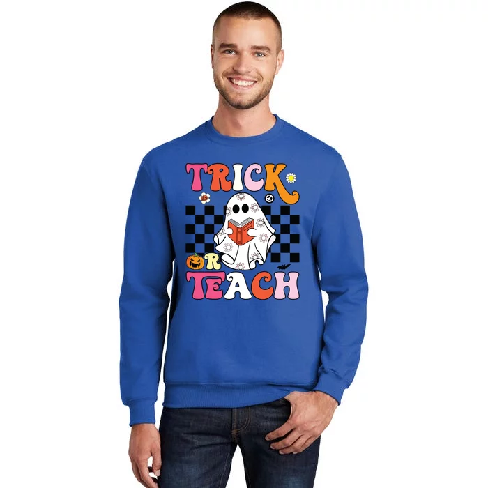 Trick Or Teach Groovy Halloween Retro Floral Ghost Teacher Sweatshirt