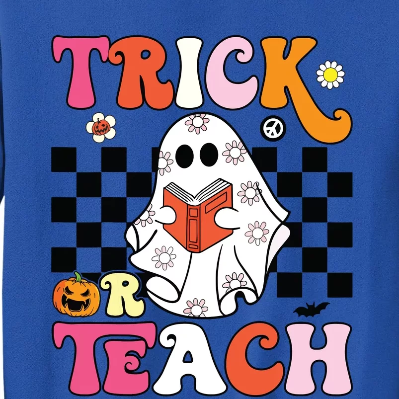 Trick Or Teach Groovy Halloween Retro Floral Ghost Teacher Sweatshirt