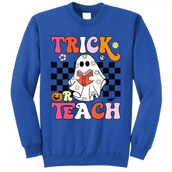 Trick Or Teach Groovy Halloween Retro Floral Ghost Teacher Tall Sweatshirt