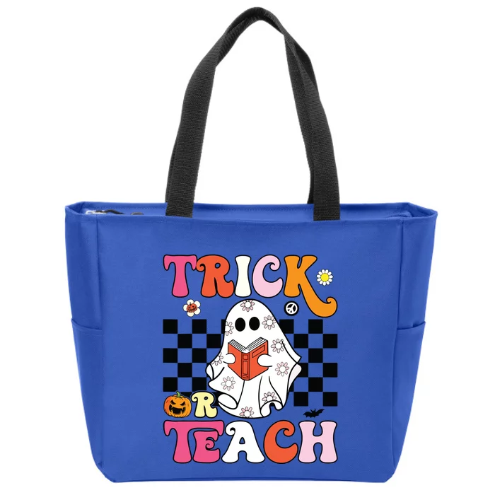 Trick Or Teach Groovy Halloween Retro Floral Ghost Teacher Zip Tote Bag