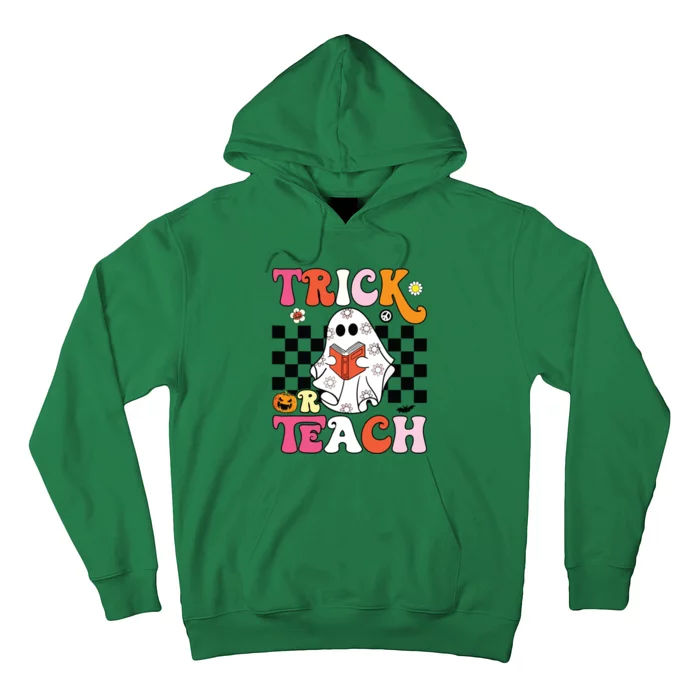 Trick Or Teach Groovy Halloween Retro Floral Ghost Teacher Hoodie