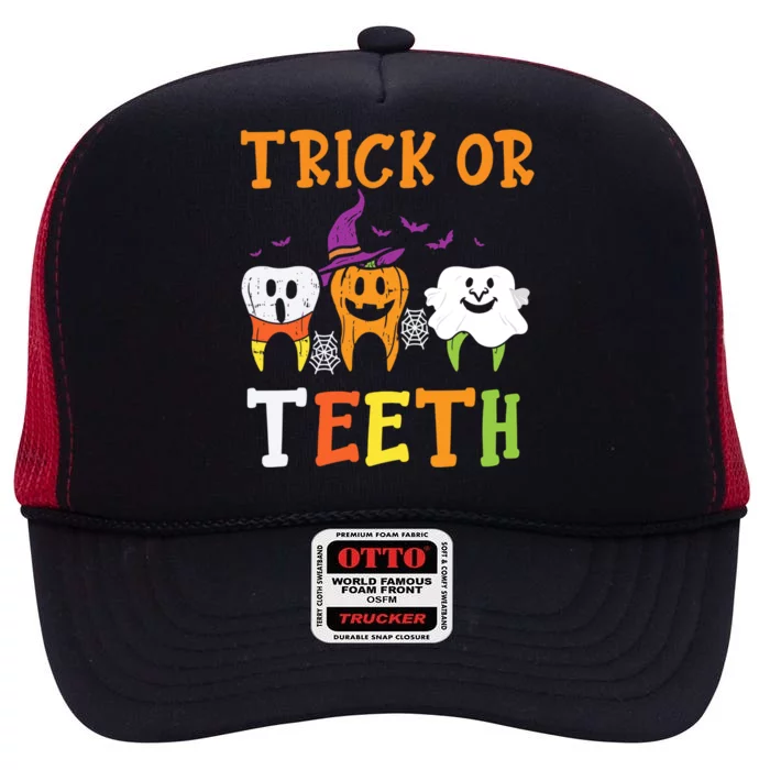 Trick Or Teeth Dental Halloween Treat Dentist Gift High Crown Mesh Trucker Hat