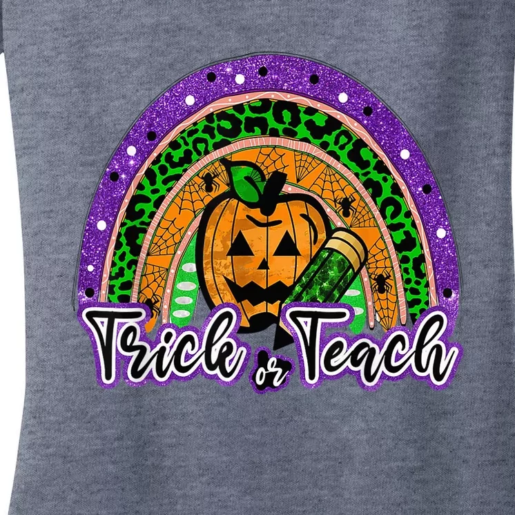 Trick Or Teach Funny Teacher Halloween Rainbow Pumpkin Women's V-Neck T-Shirt