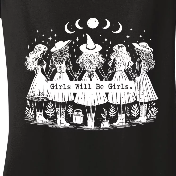 Trick Or Treat Witch Witches Girl Will Be Girl Halloween Women's V-Neck T-Shirt