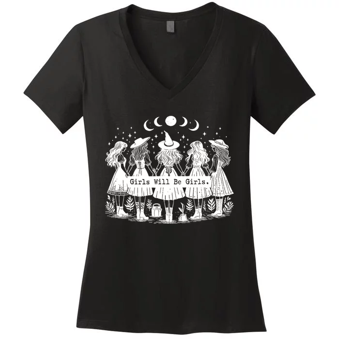 Trick Or Treat Witch Witches Girl Will Be Girl Halloween Women's V-Neck T-Shirt