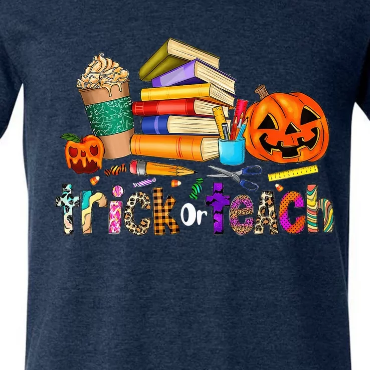 Trick Or Teach Funny Teacher Halloween Pumpkin Costume V-Neck T-Shirt