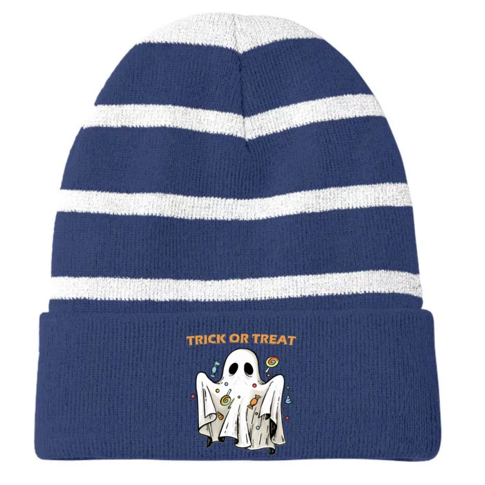 Trick Or Treat Candy Ghost Halloween Striped Beanie with Solid Band