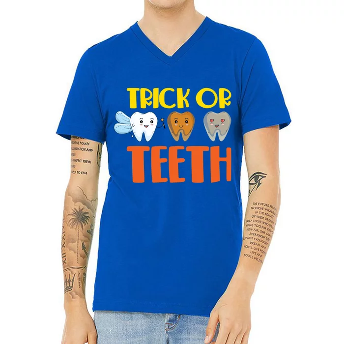 Trick Or Teeth Funny Halloween Dentist Dental Hygienist Gift V-Neck T-Shirt